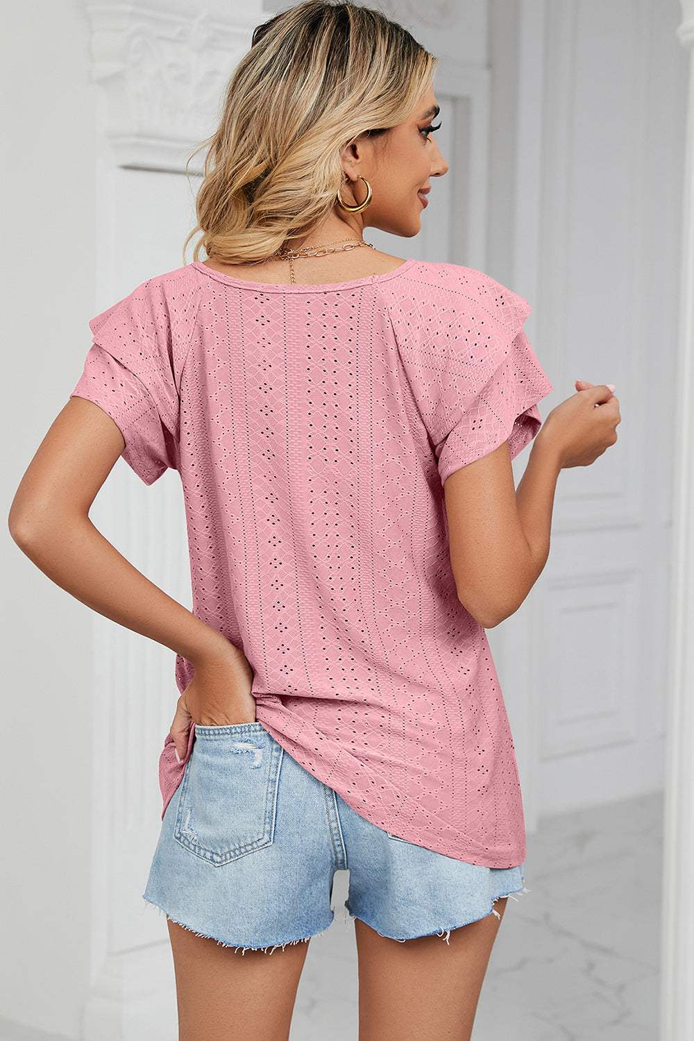 Eyelet V-Neck Short Sleeve T-Shirt - Trendsi - Flyclothing LLC