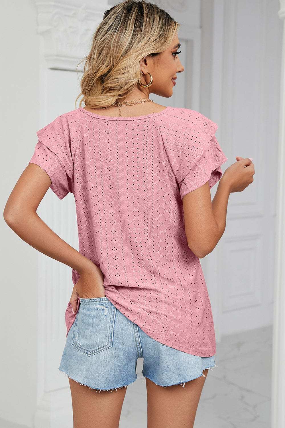 Eyelet V-Neck Short Sleeve T-Shirt - Trendsi - Flyclothing LLC