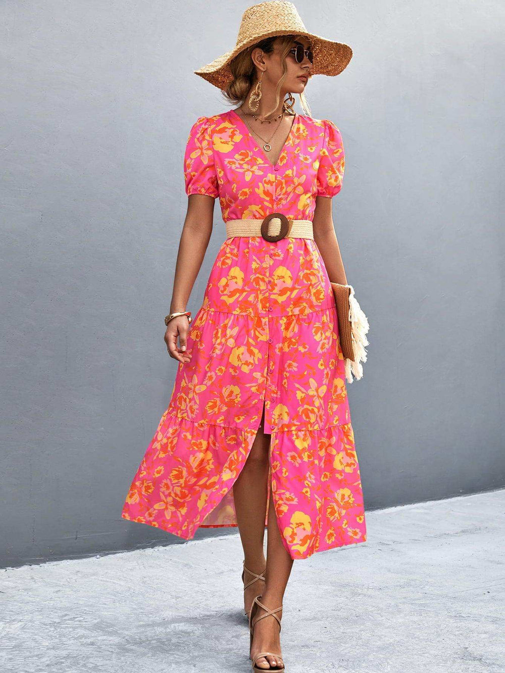 V-Neck Short Sleeve High Slit Midi Dress - Trendsi - Flyclothing LLC