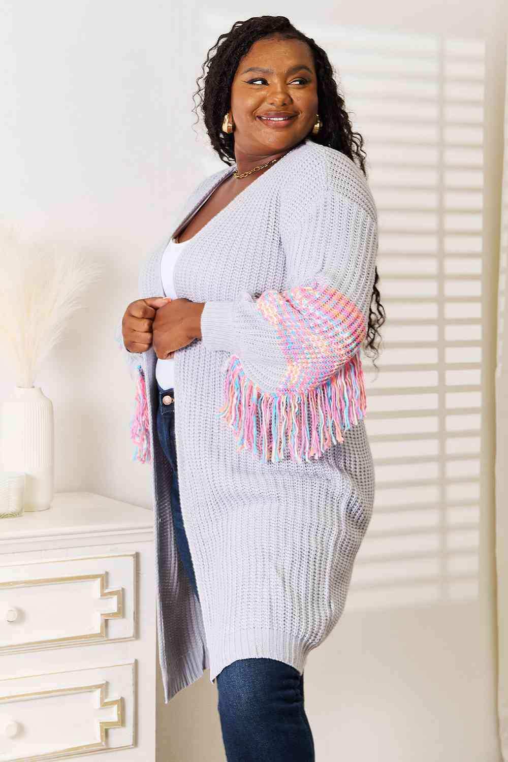Woven Right Fringe Sleeve Dropped Shoulder Cardigan - Trendsi - Flyclothing LLC