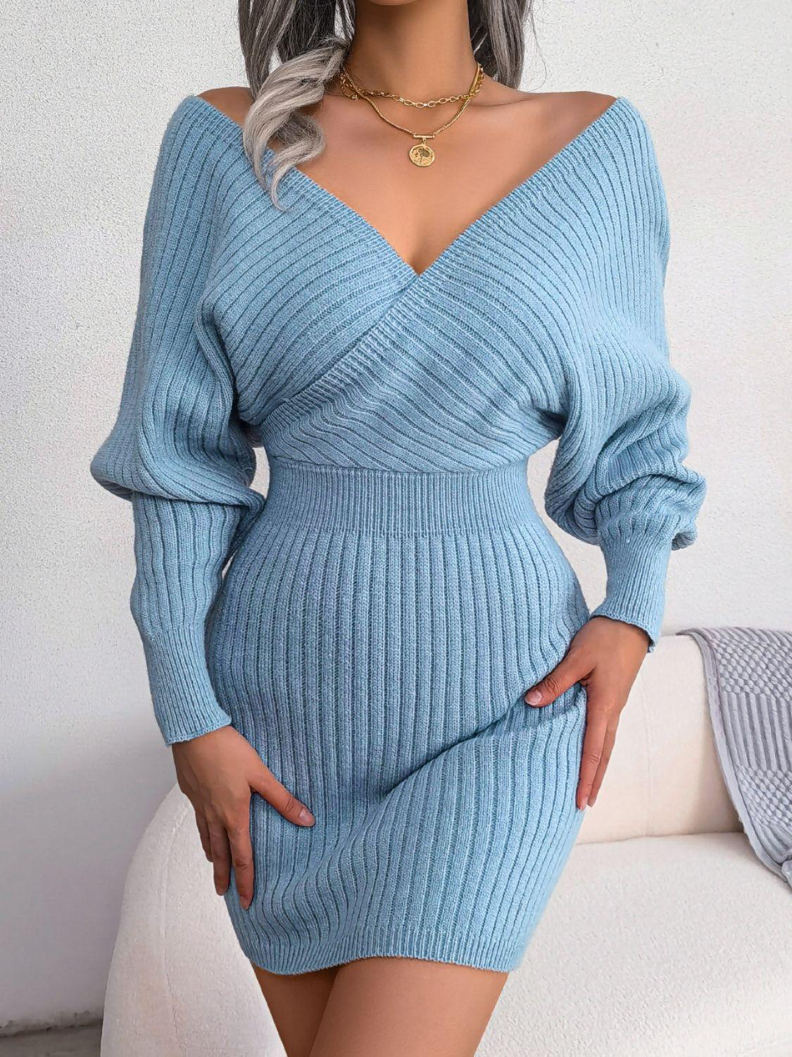 Rib-Knit Dolman Sleeve Sweater Dress - Trendsi