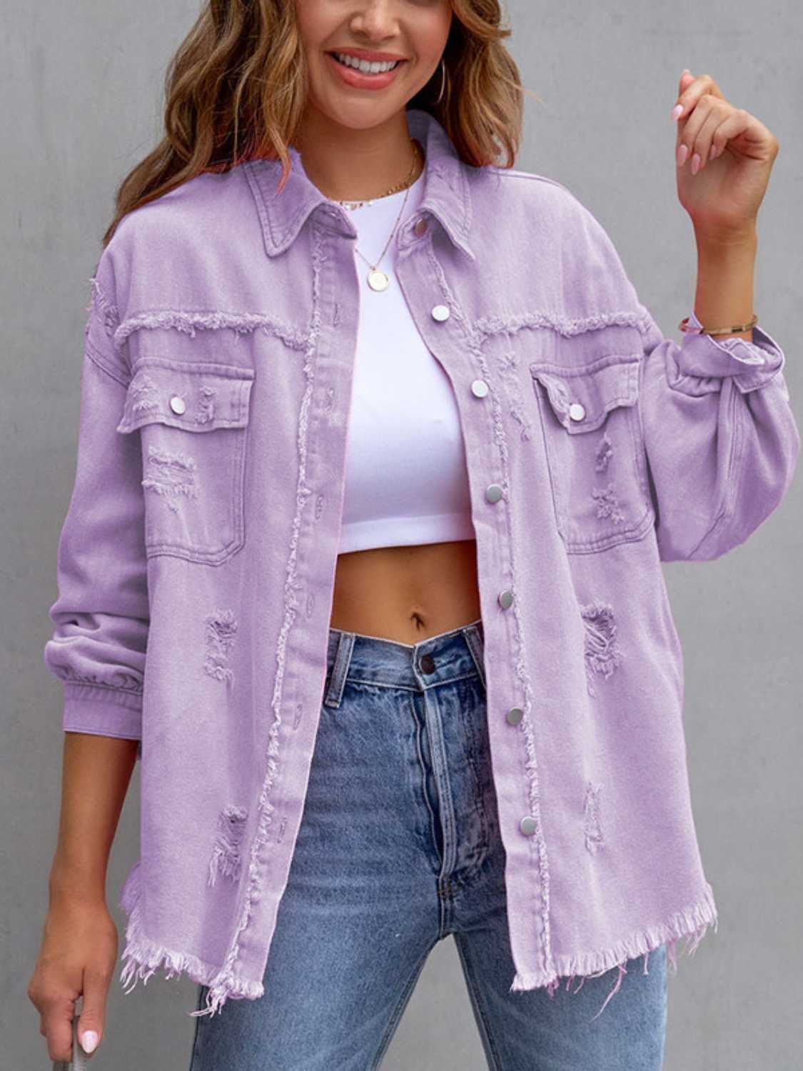 Distressed Drop Shoulder Denim Jacket - Trendsi - Flyclothing LLC