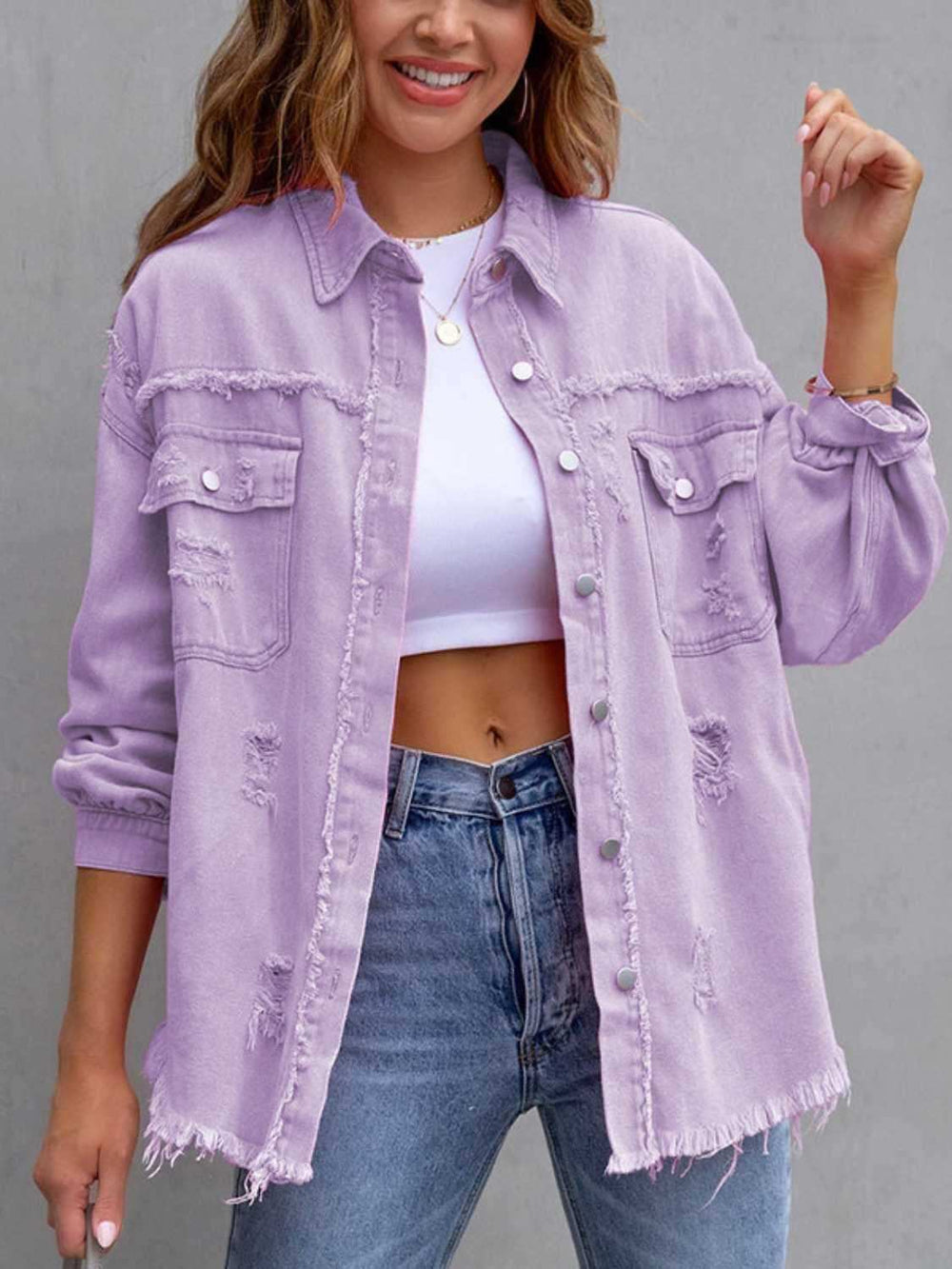 Distressed Drop Shoulder Denim Jacket - Trendsi - Flyclothing LLC