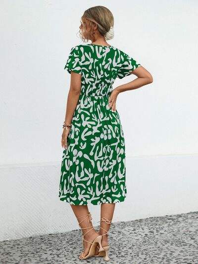 Printed V-Neck Short Sleeve Dress - Trendsi - Flyclothing LLC