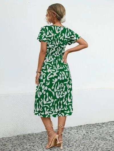 Printed V-Neck Short Sleeve Dress - Trendsi - Flyclothing LLC