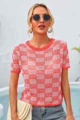 Checkered Short Sleeve Knit Top - Trendsi - Flyclothing LLC