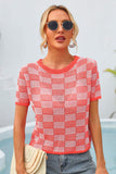 Checkered Short Sleeve Knit Top - Trendsi