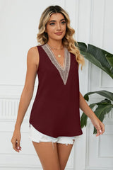Contrast Trim Plunge Sleeveless Blouse - Trendsi - Flyclothing LLC