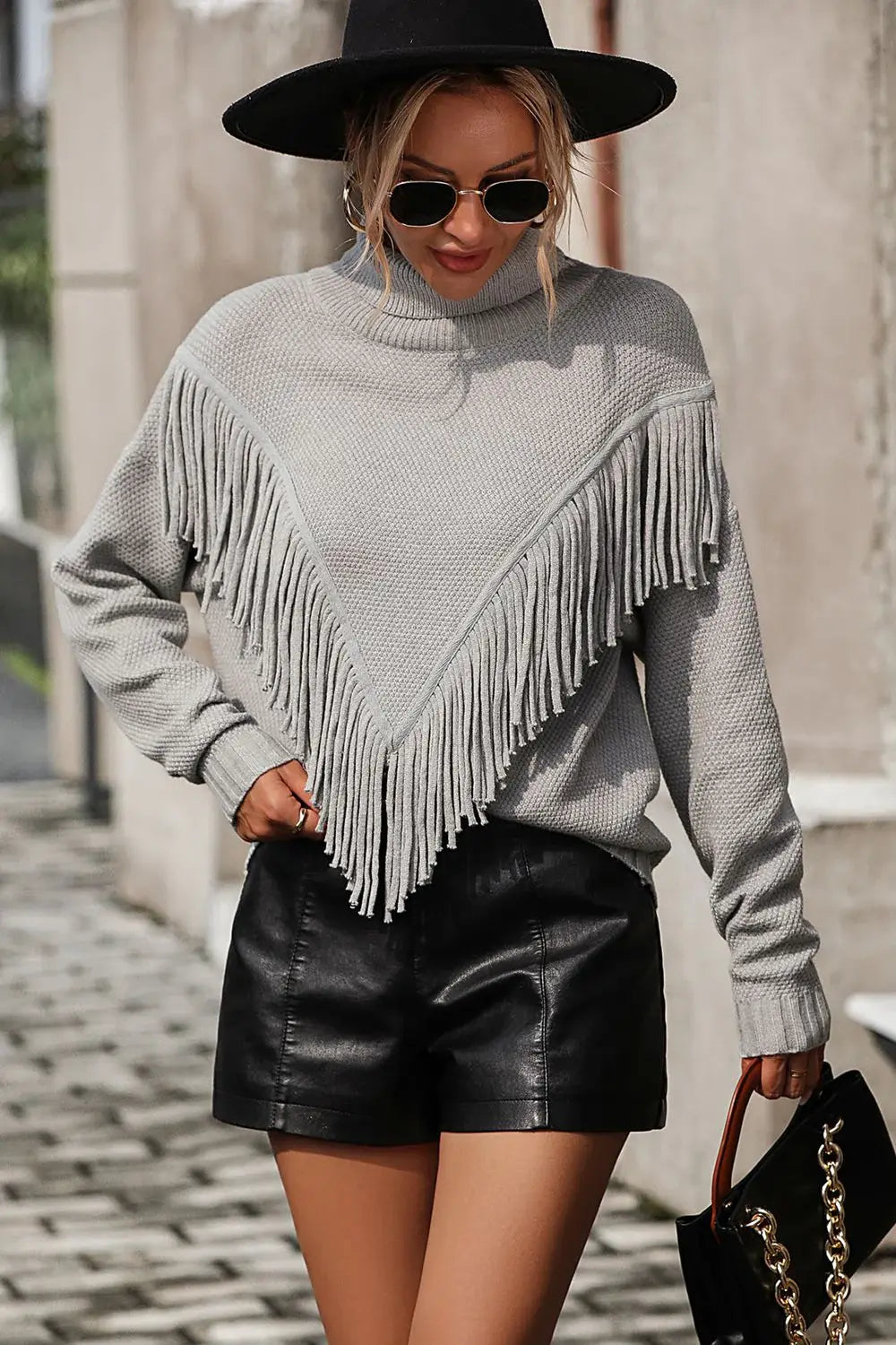 Turtle Neck Tassel Front Long Sleeve Pullover Sweater - Trendsi - Flyclothing LLC