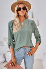 Notched Roll-Tab Sleeve T-Shirt - Trendsi - Flyclothing LLC