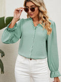 Button Up Flounce Sleeve V-Neck Shirt - Trendsi