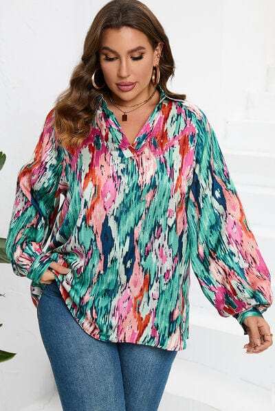 Plus Size Printed Johnny Collar Long Sleeve Blouse - Trendsi - Flyclothing LLC