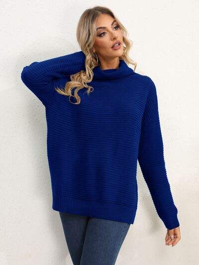 Slit Turtleneck Dropped Shoulder Sweater - Trendsi - Flyclothing LLC