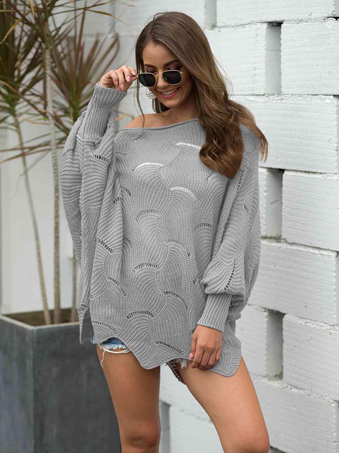 Full Size Boat Neck Lantern Sleeve Openwork Knit Top - Trendsi