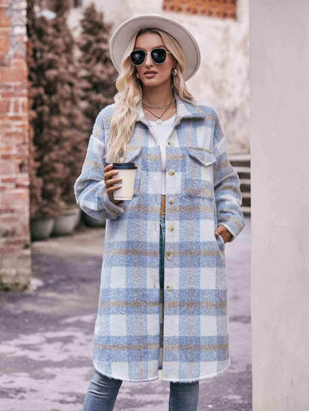 Plaid Dropped Shoulder Slit Coat - Trendsi - Flyclothing LLC