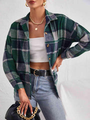 Plaid Collared Neck Button Down Jacket - Trendsi