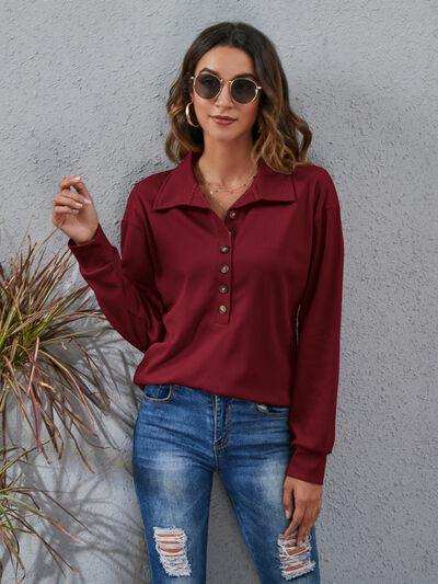 Half Button Dropped Shoulder Blouse - Trendsi - Flyclothing LLC