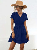 Ruffled Smocked V-Neck Tiered Dress - Trendsi - Flyclothing LLC
