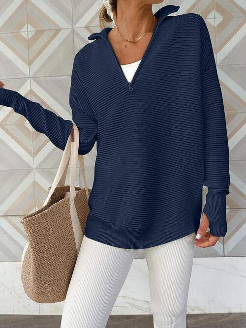 Half Zip Long Sleeve Knit Top - Trendsi - Flyclothing LLC