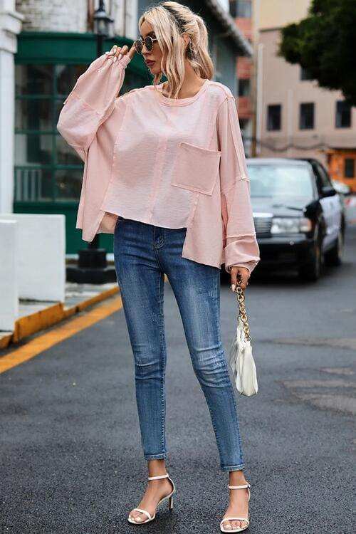 Exposed Seam Round Neck Top with Pocket - Trendsi - Flyclothing LLC