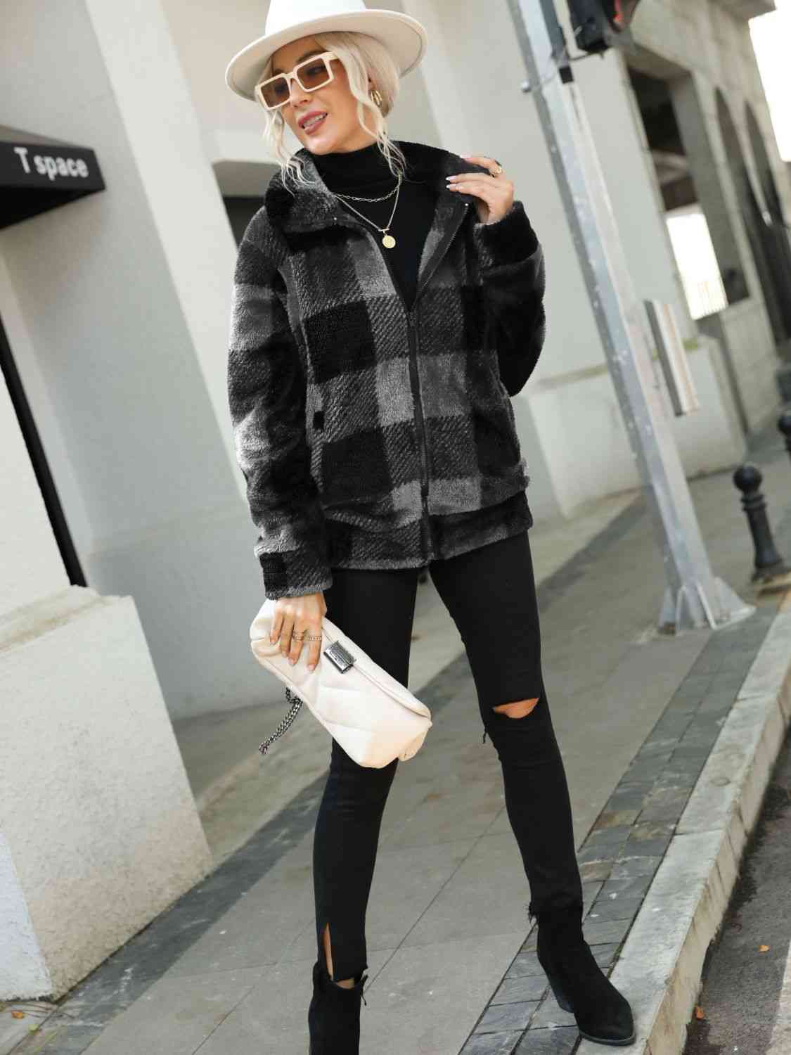 Plaid Zip-Up Collared Jacket - Trendsi - Flyclothing LLC