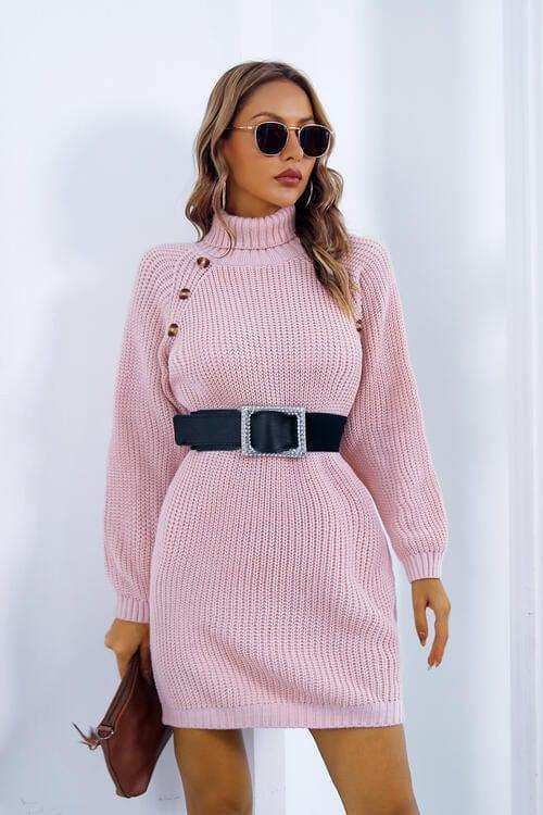 Buttoned Turtleneck Long Sleeve Sweater Dress - Trendsi - Flyclothing LLC