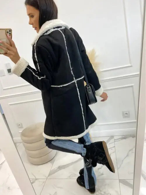 Lapel Collar Exposed Seam Buttoned Coat - Trendsi - Flyclothing LLC