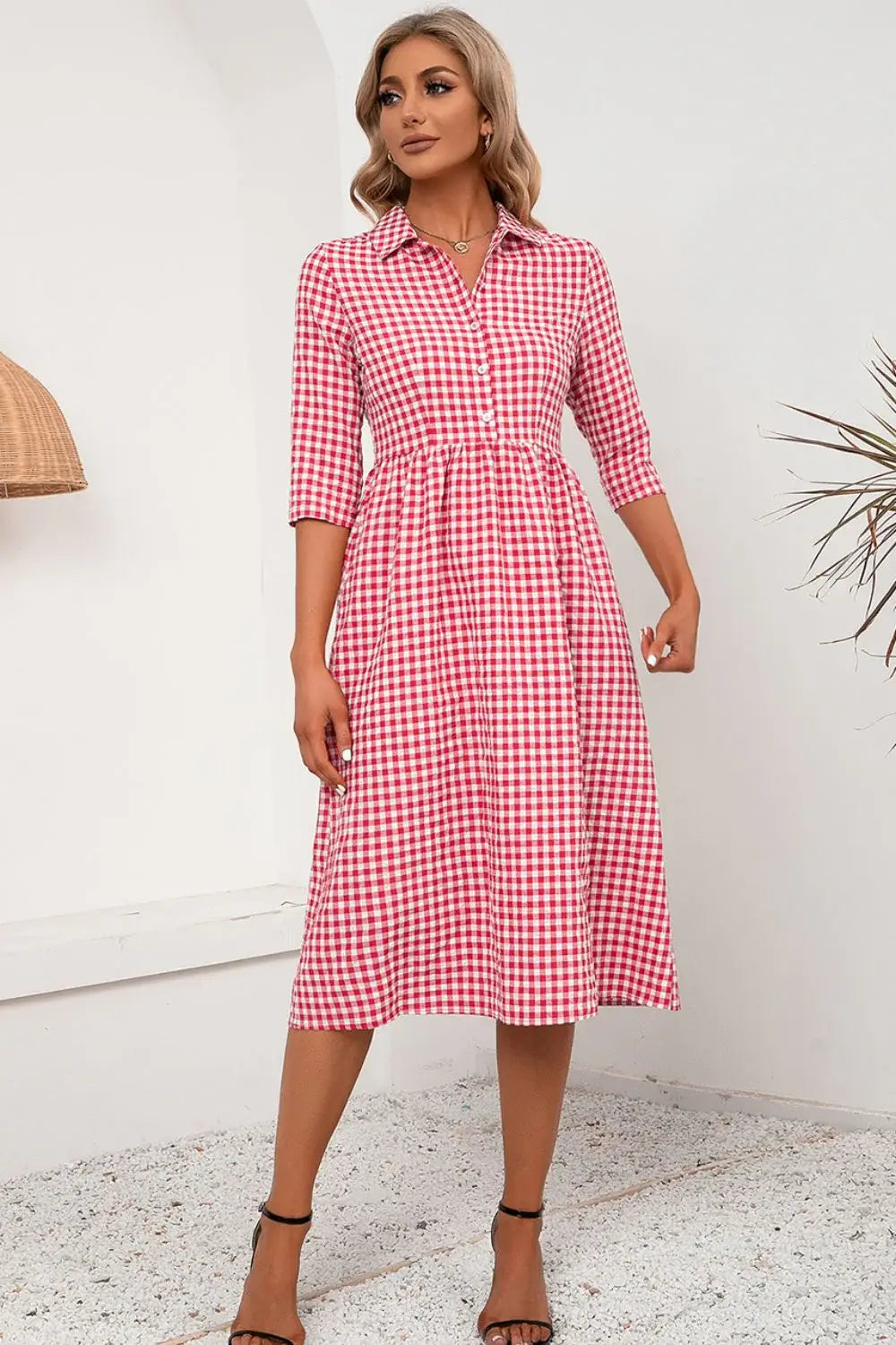 Plaid Collared Neck Midi Dress - Trendsi - Flyclothing LLC