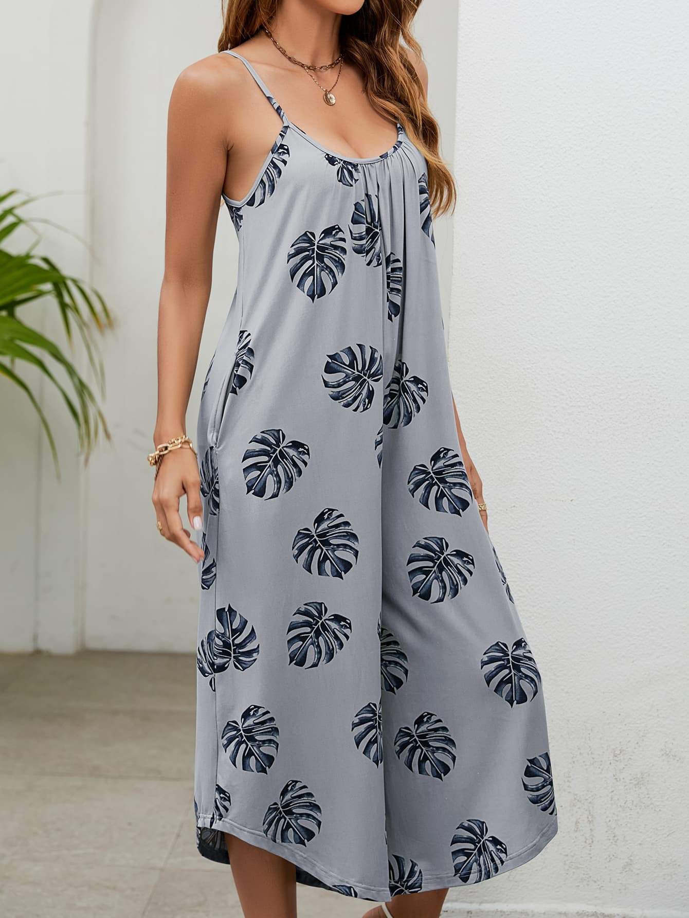 Botanical Print Spaghetti Strap Scoop Neck Jumpsuit - Trendsi - Flyclothing LLC