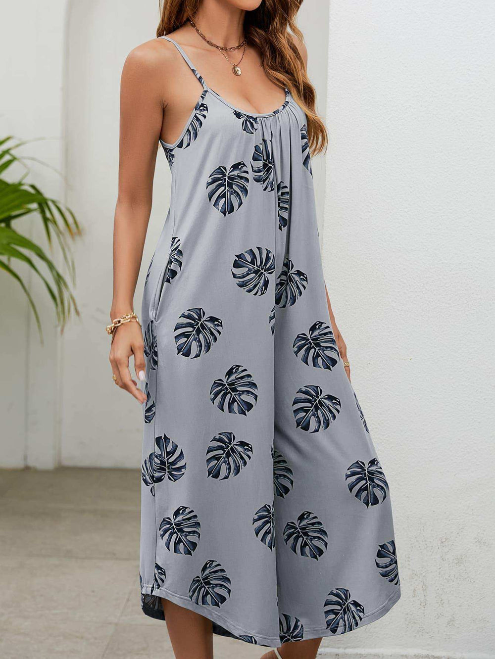 Botanical Print Spaghetti Strap Scoop Neck Jumpsuit - Trendsi - Flyclothing LLC