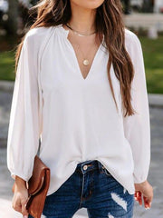 Notched Neck Long Sleeve Blouse - Trendsi