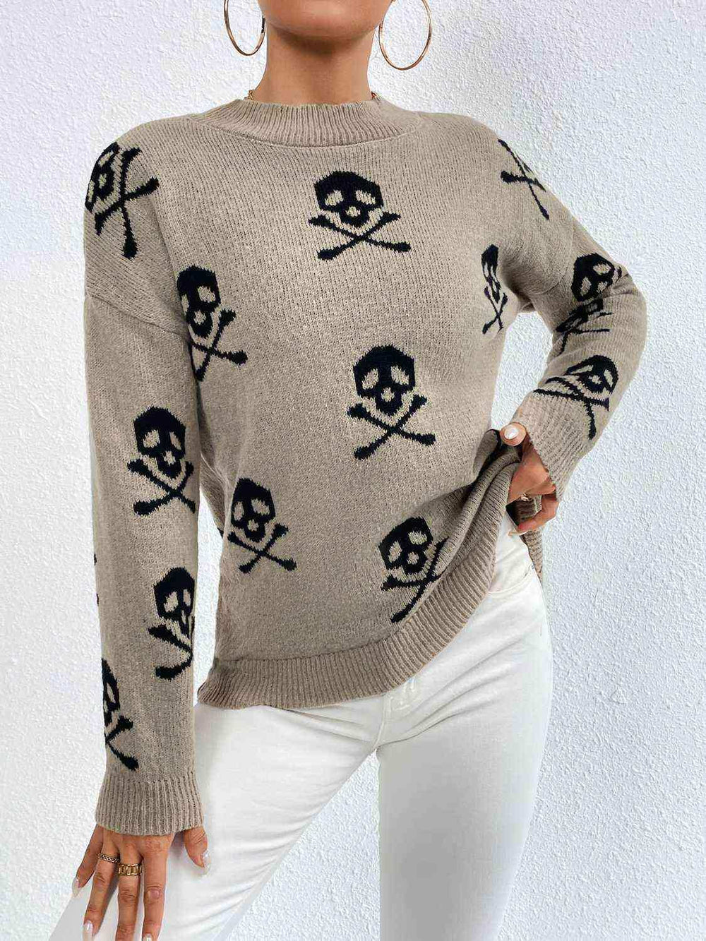 Patterned Drop Shoulder Sweater - Trendsi - Flyclothing LLC