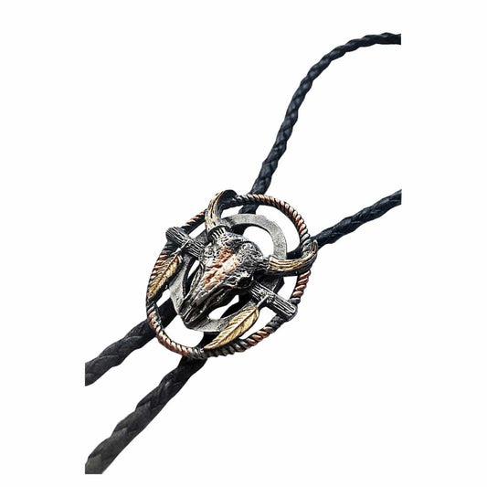 Tri-Color Steer Skull with Feathers Western Bolo Tie - Rockmount Clothing - Flyclothing LLC