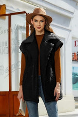 Fuzzy Collared Neck Button Up Vest Coat - Trendsi
