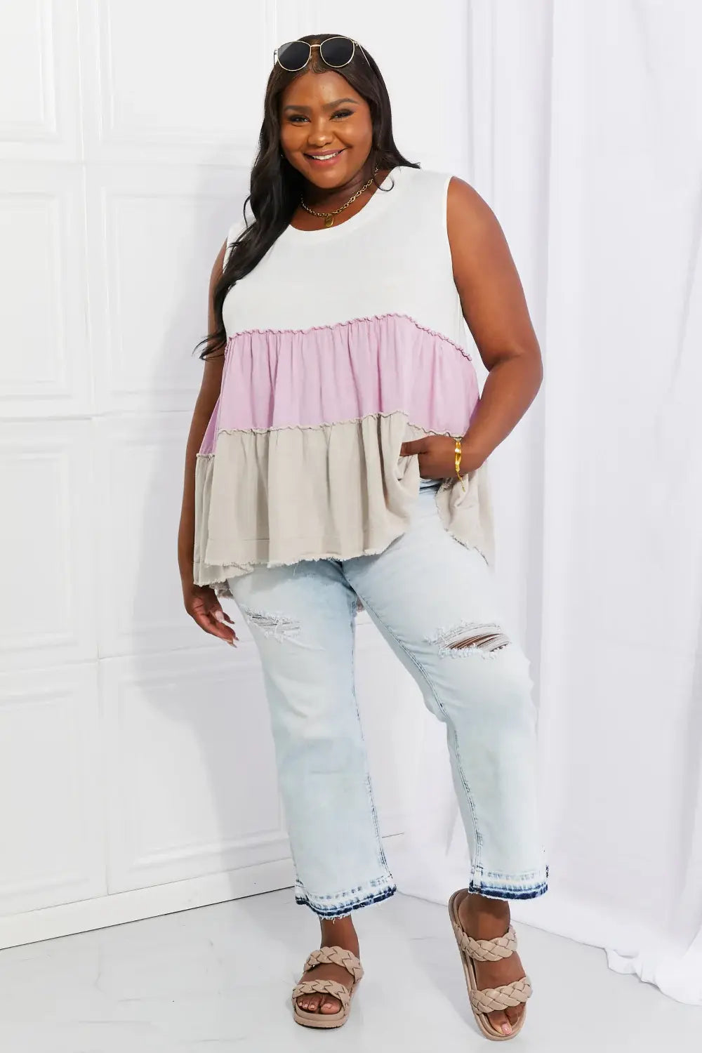 White Birch Full Size Watching the Sunset Color Block Babydoll Top - Trendsi - Flyclothing LLC