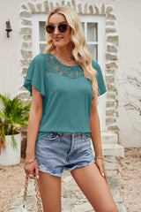 Spliced Lace Flutter Sleeve Top - Trendsi - Flyclothing LLC