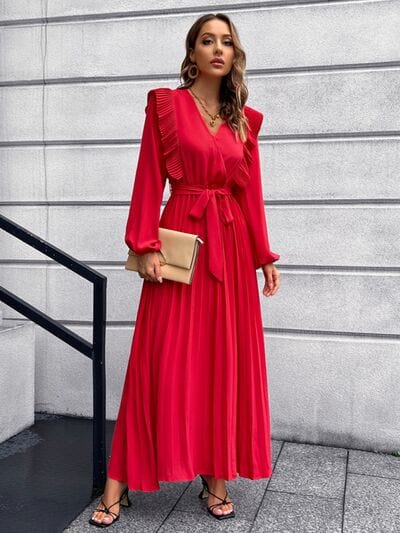Pleated Surplice Tie Waist Maxi Dress - Trendsi
