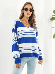 Striped V-Neck Long Sleeve Knit Top - Flyclothing LLC