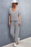 V-Neck Short Sleeve T-Shirt and Drawstring Waist Pants Set - Flyclothing LLC