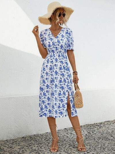Slit Printed V-Neck Short Sleeve Dress - Trendsi - Flyclothing LLC