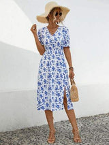 Slit Printed V-Neck Short Sleeve Dress - Trendsi - Flyclothing LLC