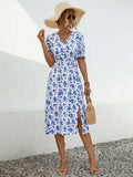 Slit Printed V-Neck Short Sleeve Dress - Trendsi - Flyclothing LLC