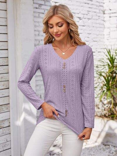 Decorative Button Openwork V-Neck T-Shirt - Trendsi - Flyclothing LLC