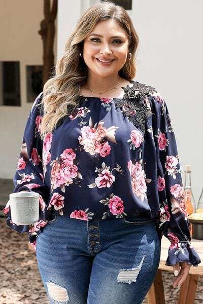 Plus Size Floral Flounce Sleeve Blouse - Trendsi - Flyclothing LLC