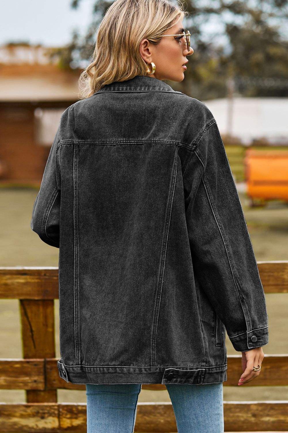 Buttoned Collared Neck Denim Jacket with Pockets - Trendsi - Flyclothing LLC