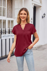 Notched Neck Flutter Sleeve Satin Top - Trendsi