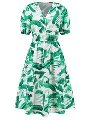 Ruched Printed Surplice Short Sleeve Dress - Trendsi