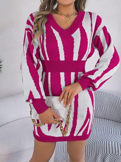 Animal Print V-Neck Long Sleeve Sweater Dress - Trendsi
