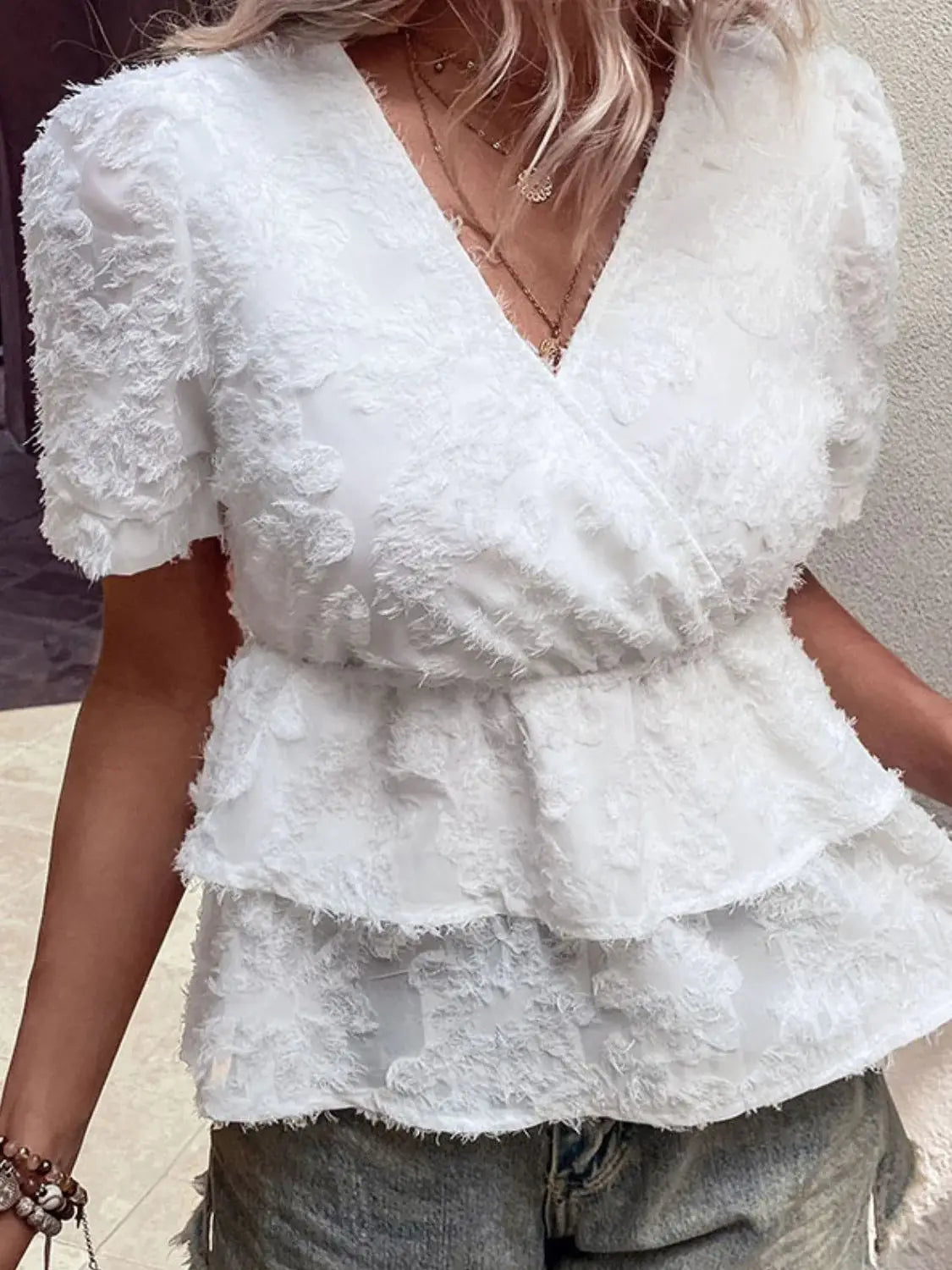 Surplice Neck Layered Peplum Top - Trendsi - Flyclothing LLC