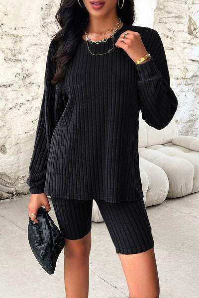 Ribbed Round Neck Dropped Shoulder Top and Shorts Set - Trendsi - Flyclothing LLC
